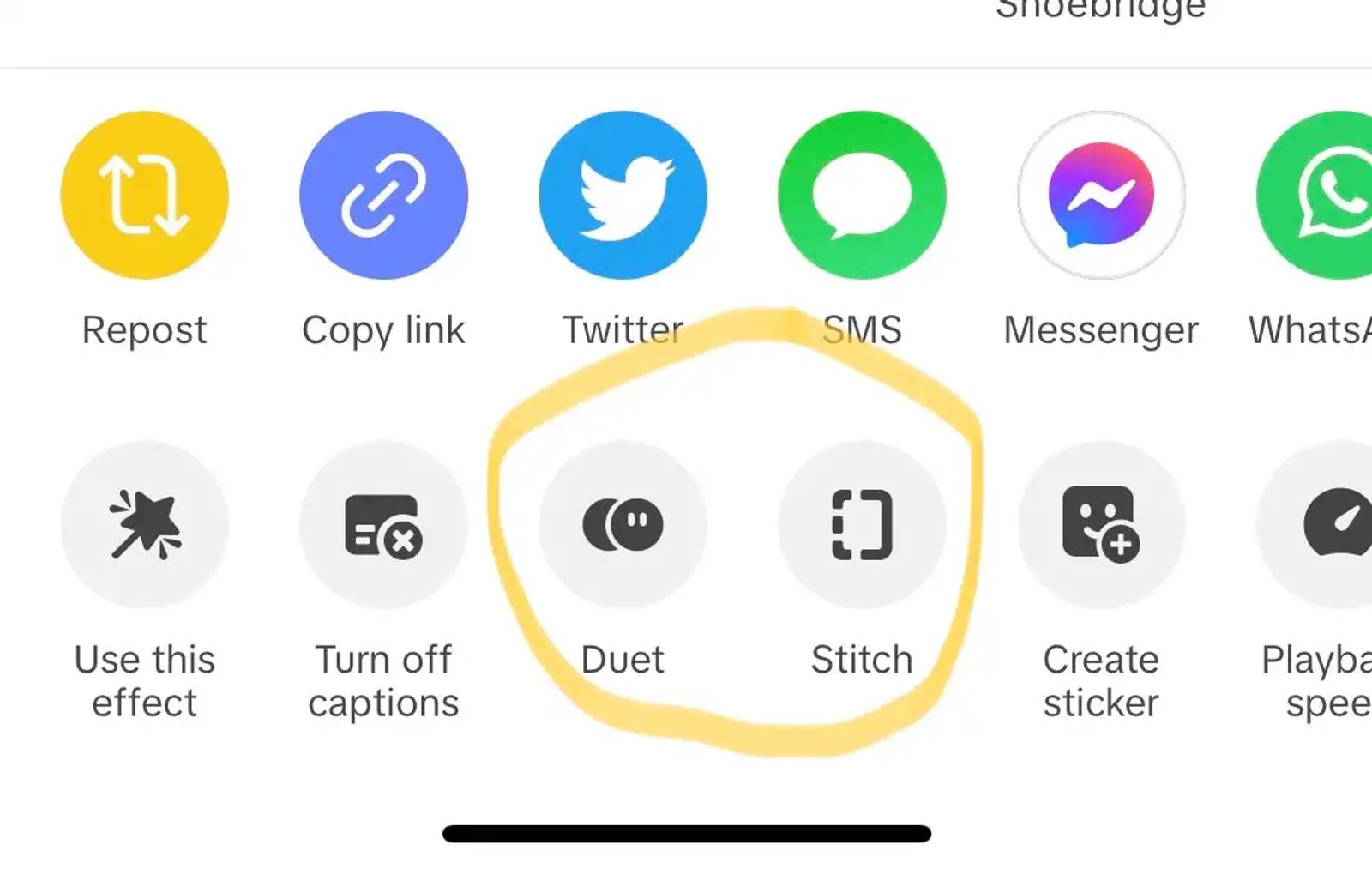 Menú para compartir de TikTok con los íconos de Duet y Stitch marcados junto a opciones como Repost y Twitter.