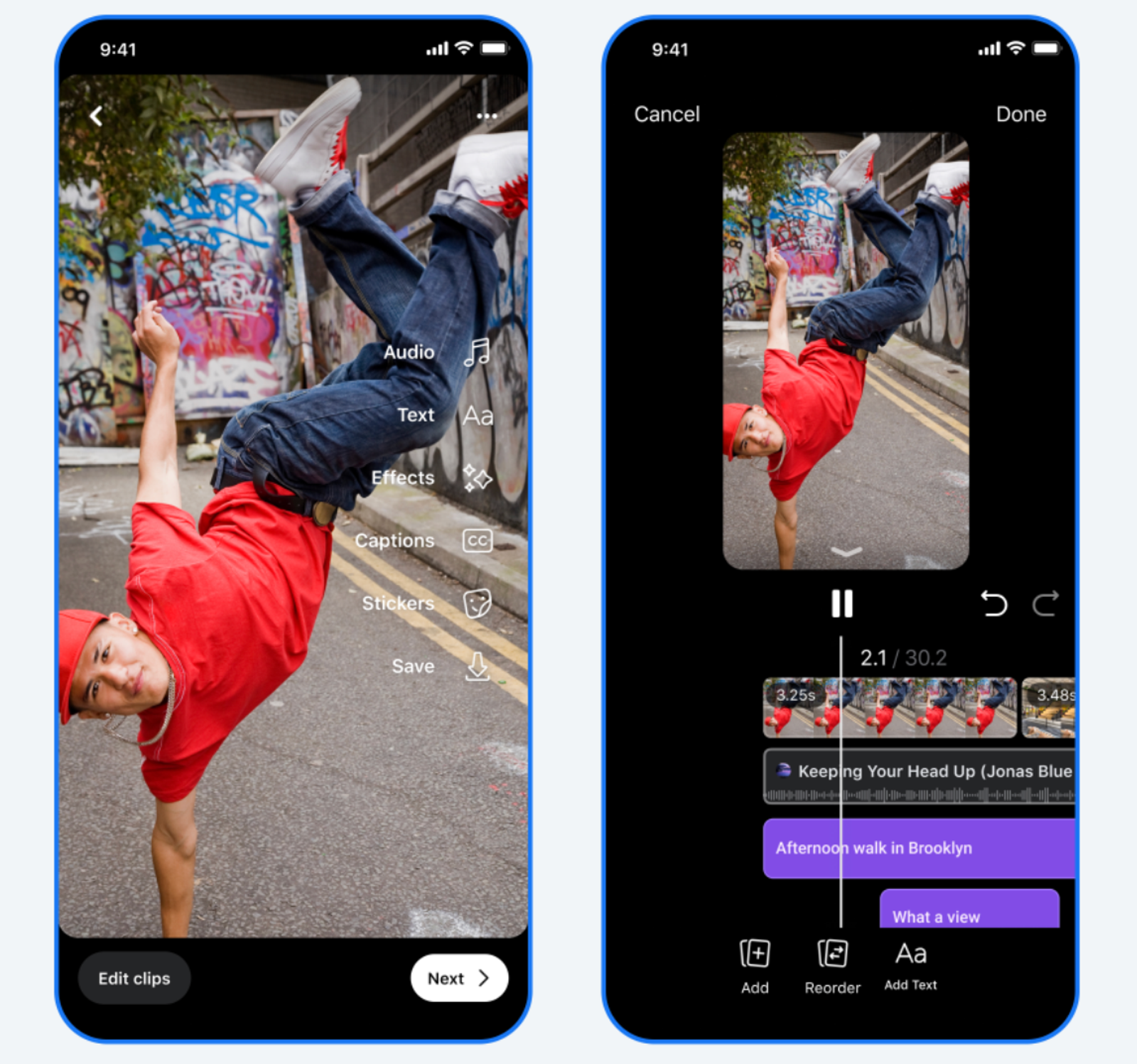Dos pantallas de un móvil con una app de edición de video, mostrando un clip de breakdance, herramientas y línea de tiempo.