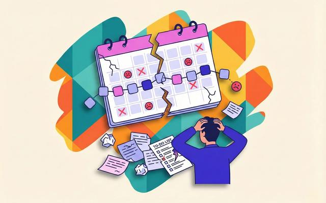 Un calendario ilustrado partido por la mitad, con caras tristes y cruces; debajo, una persona agarrándose la cabeza