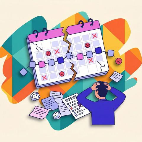 Un calendario ilustrado partido por la mitad, con caras tristes y cruces; debajo, una persona agarrándose la cabeza