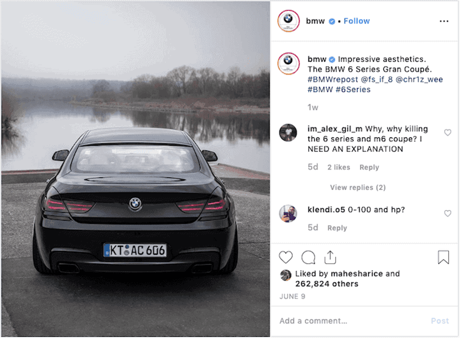 Publicación de Instagram de BMW con un auto negro junto a un lago, contenido reposteado de un usuario, con comentarios.