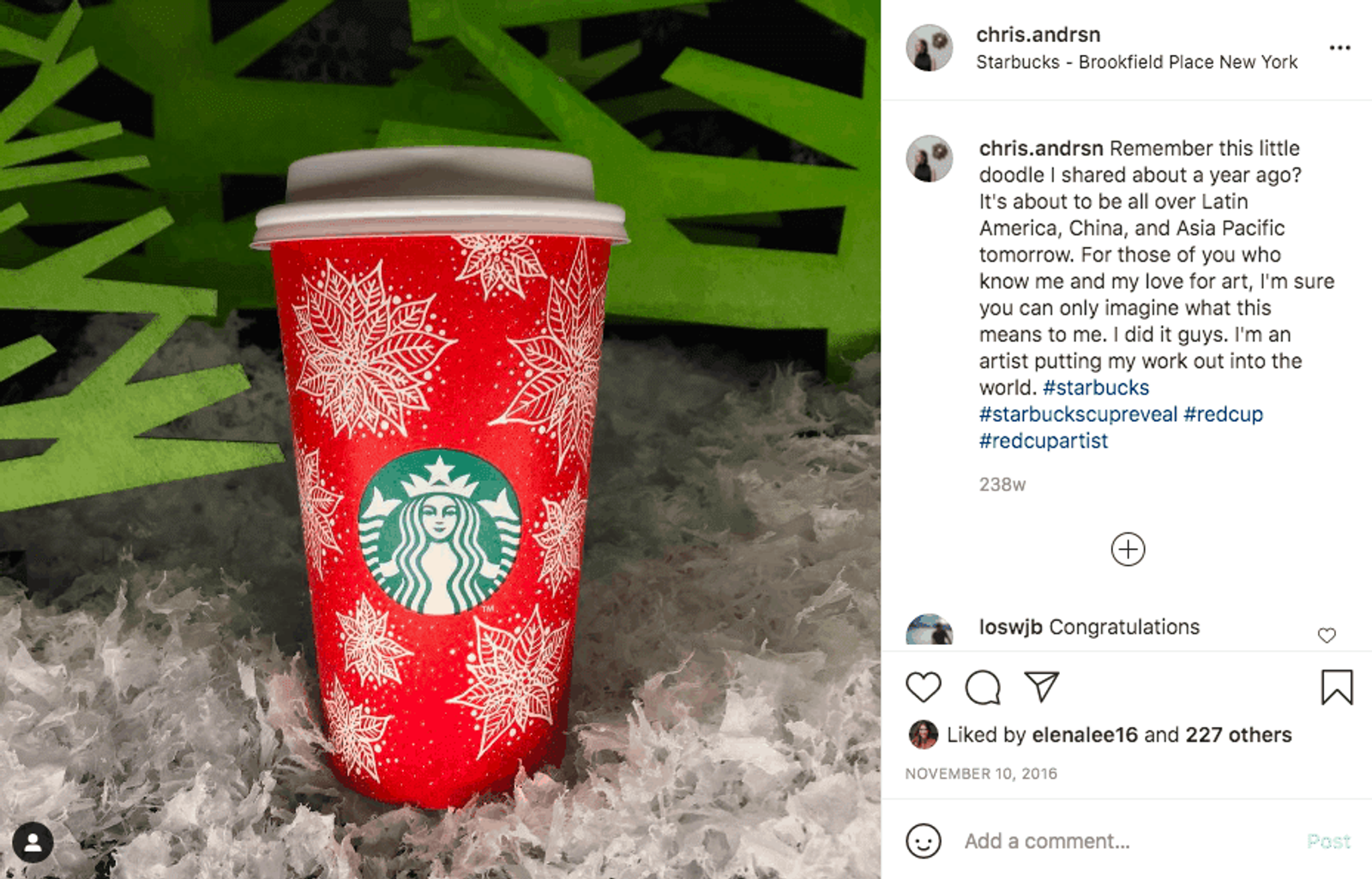 Publicación en Instagram sobre el café de Starbucks
