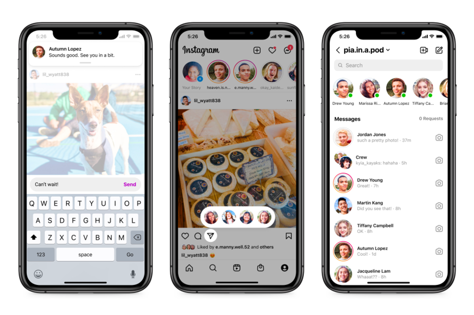 Three phone screens showing an Instagram DM reply, a feed post, and the direct messages inbox list.