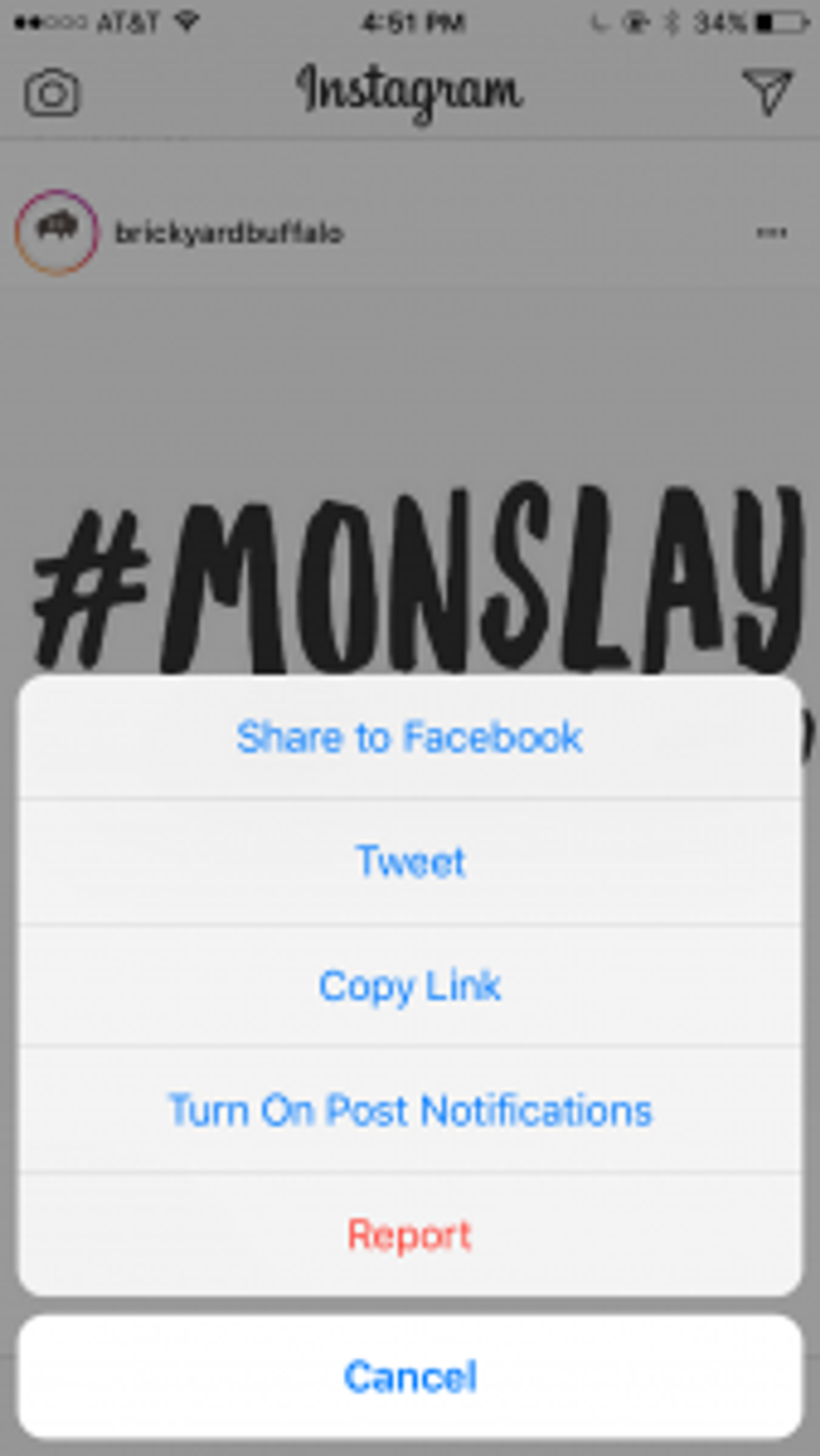 Instagram post share menu with options like Share to Facebook, Tweet, Copy Link and Report.