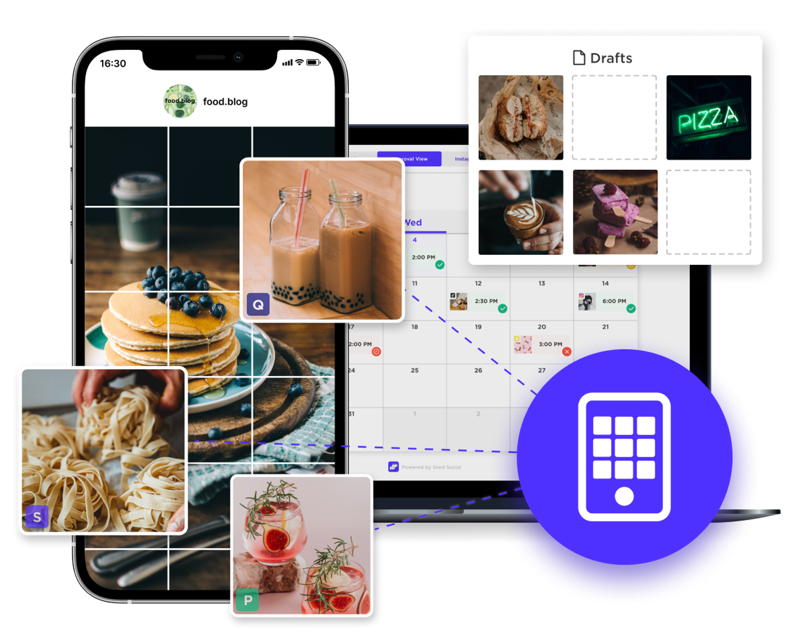 Interfaz de Sked Social con una cuadrícula de Instagram de comida, un panel de borradores y un calendario de publicaciones.