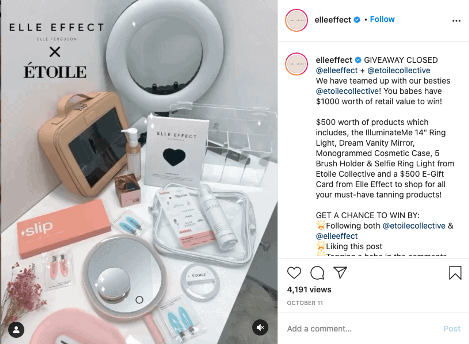 Marcas co-organizando un sorteo en Instagram.
