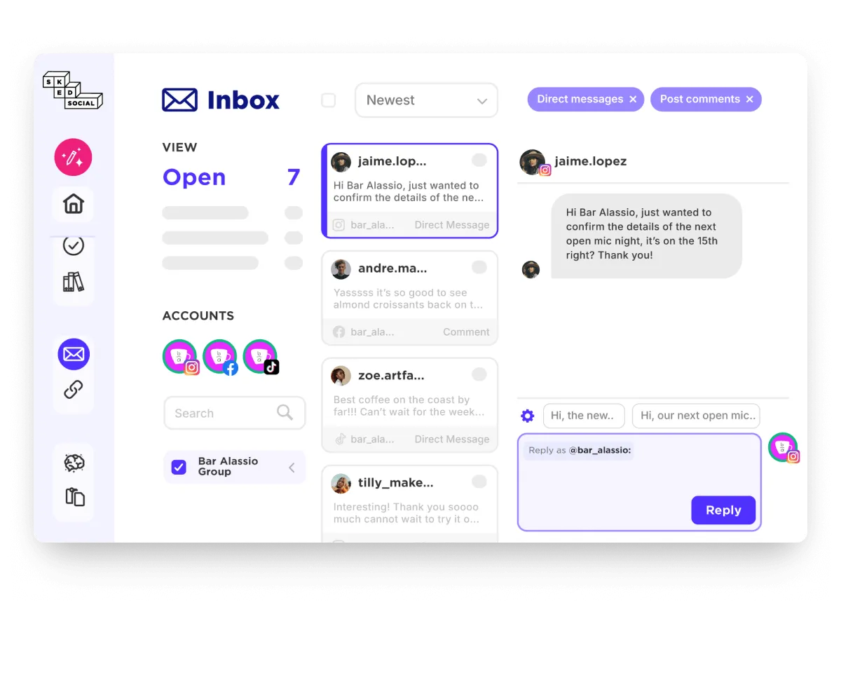 Unified reputation inbox with Google reviews, Facebook reviews, and Instagram DMs threaded by customer