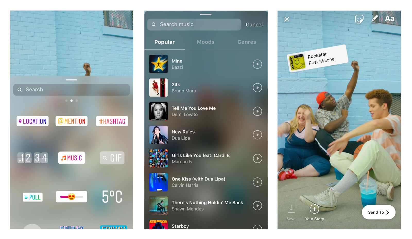Instagram Stories editor showing sticker options, a music search list, and a story with a music sticker added
