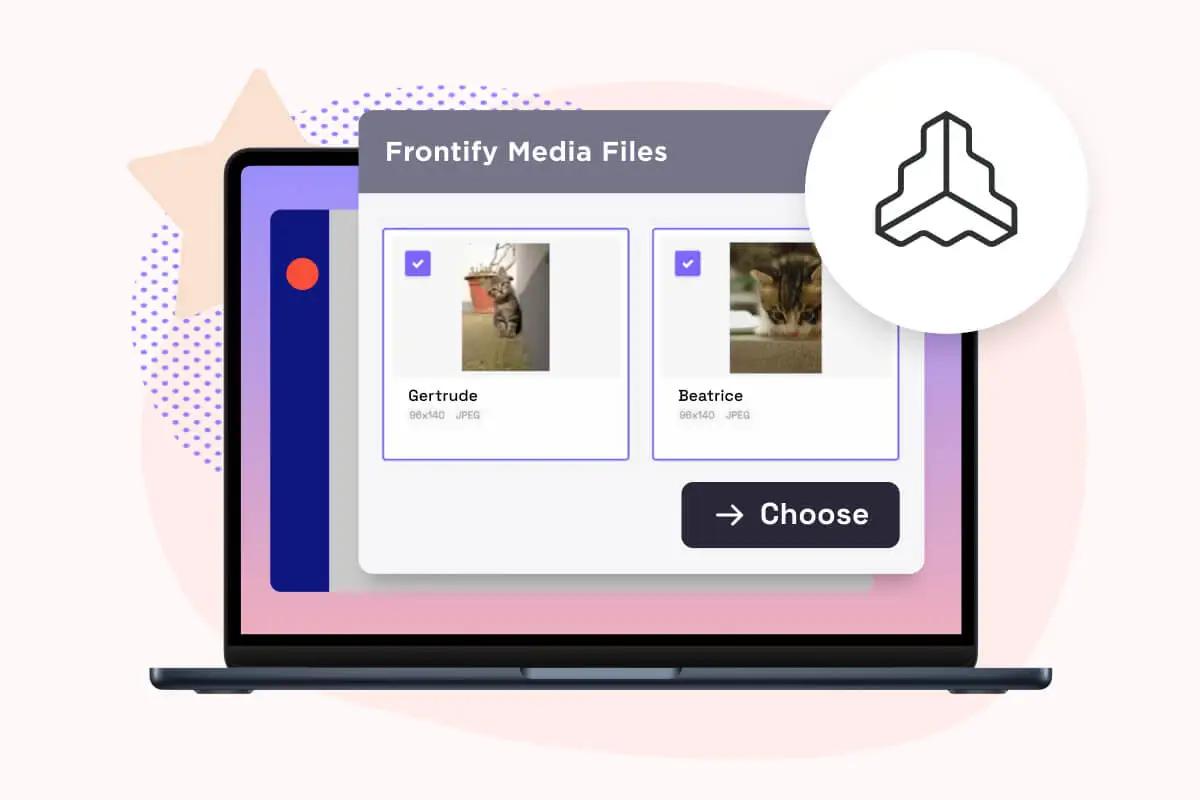 A Frontify Media Files window on a laptop screen showing two selectable cat photos with a choose button