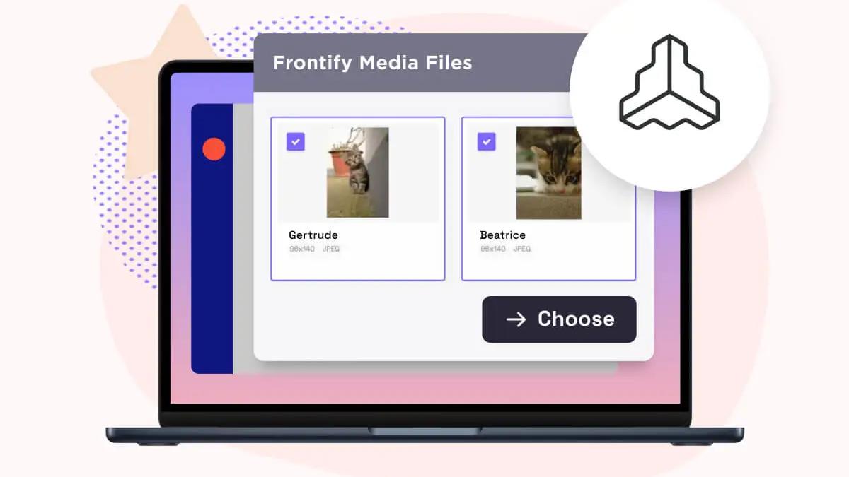 Ventana de Frontify Media Files en una laptop mostrando dos fotos de gatos seleccionables y un boton para elegir
