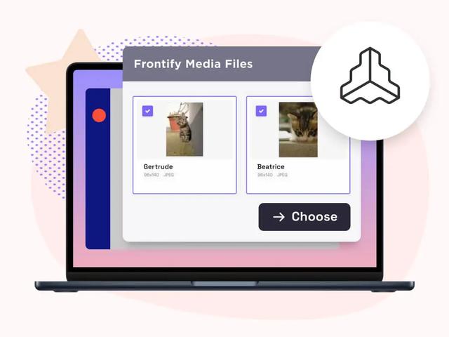 A Frontify Media Files window on a laptop screen showing two selectable cat photos with a choose button
