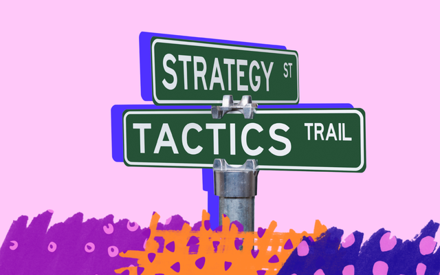 Street signs reading 'Strategy St' and 'Tactics Trail' crossing above a colourful illustrated hedge