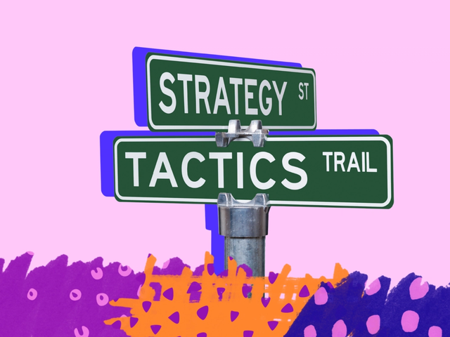Street signs reading 'Strategy St' and 'Tactics Trail' crossing above a colourful illustrated hedge