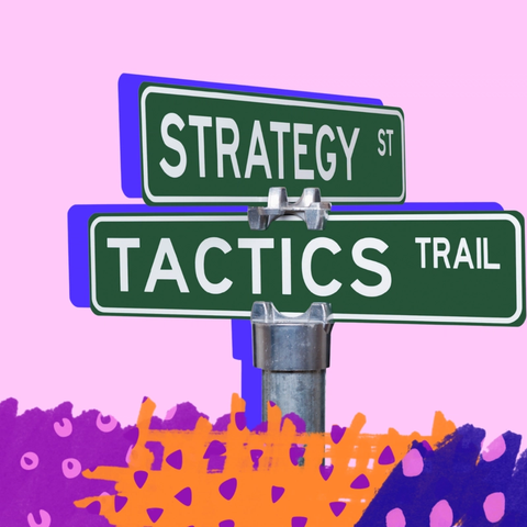 Street signs reading 'Strategy St' and 'Tactics Trail' crossing above a colourful illustrated hedge