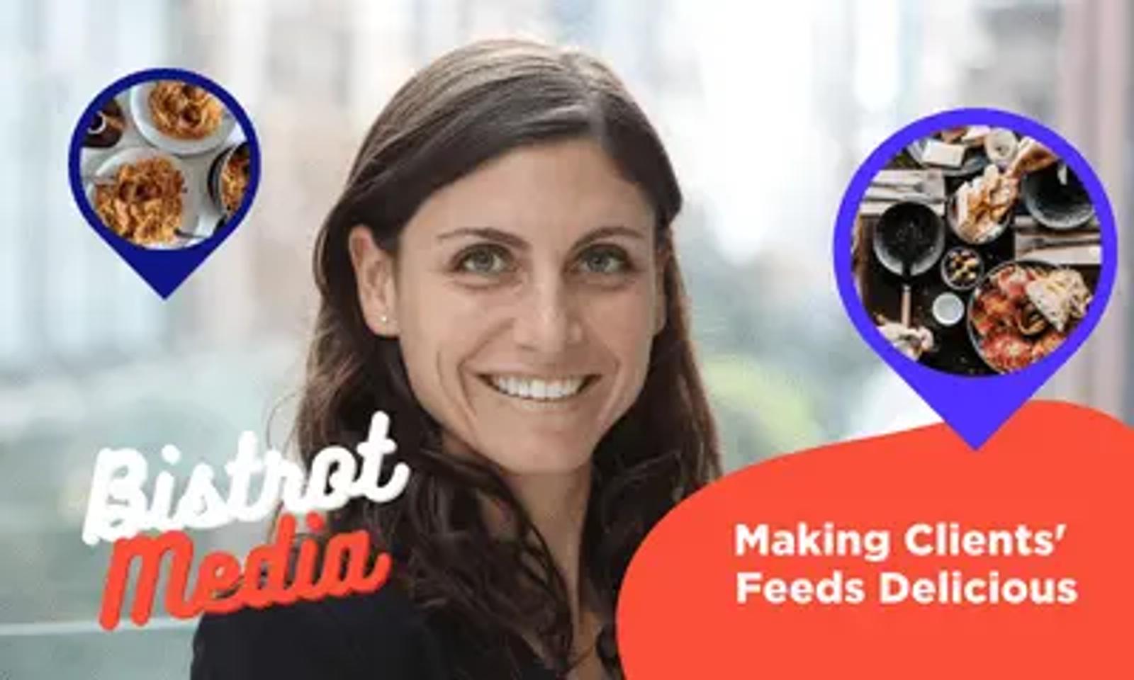 A smiling woman with the Bistrot Media logo and two food photo pins in map-style bubbles