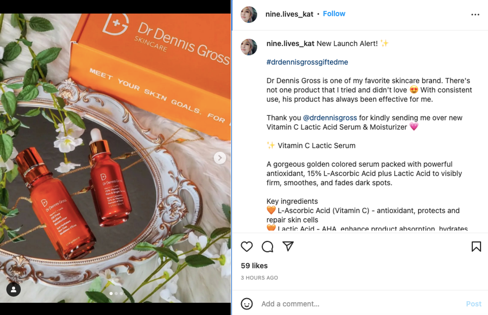 Publicación de Instagram con frascos de skincare y su empaque sobre una bandeja, con una descripción y un hashtag.