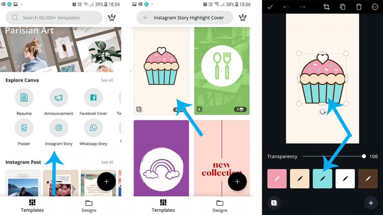 Canva app screens showing template search, Instagram Story Highlight covers, and cupcake icon editing.