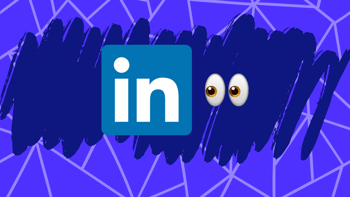 Logotipo de LinkedIn con 'in' blanco sobre cuadrado azul, ojos de dibujos animados marrones, pinceladas azul oscuro y fondo geométrico morado.