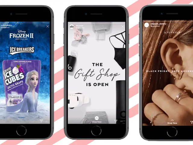 Tres pantallas de teléfono muestran anuncios de historias de Instagram. La primera muestra chicle de Frozen II, la segunda un anuncio de tienda de regalos, la