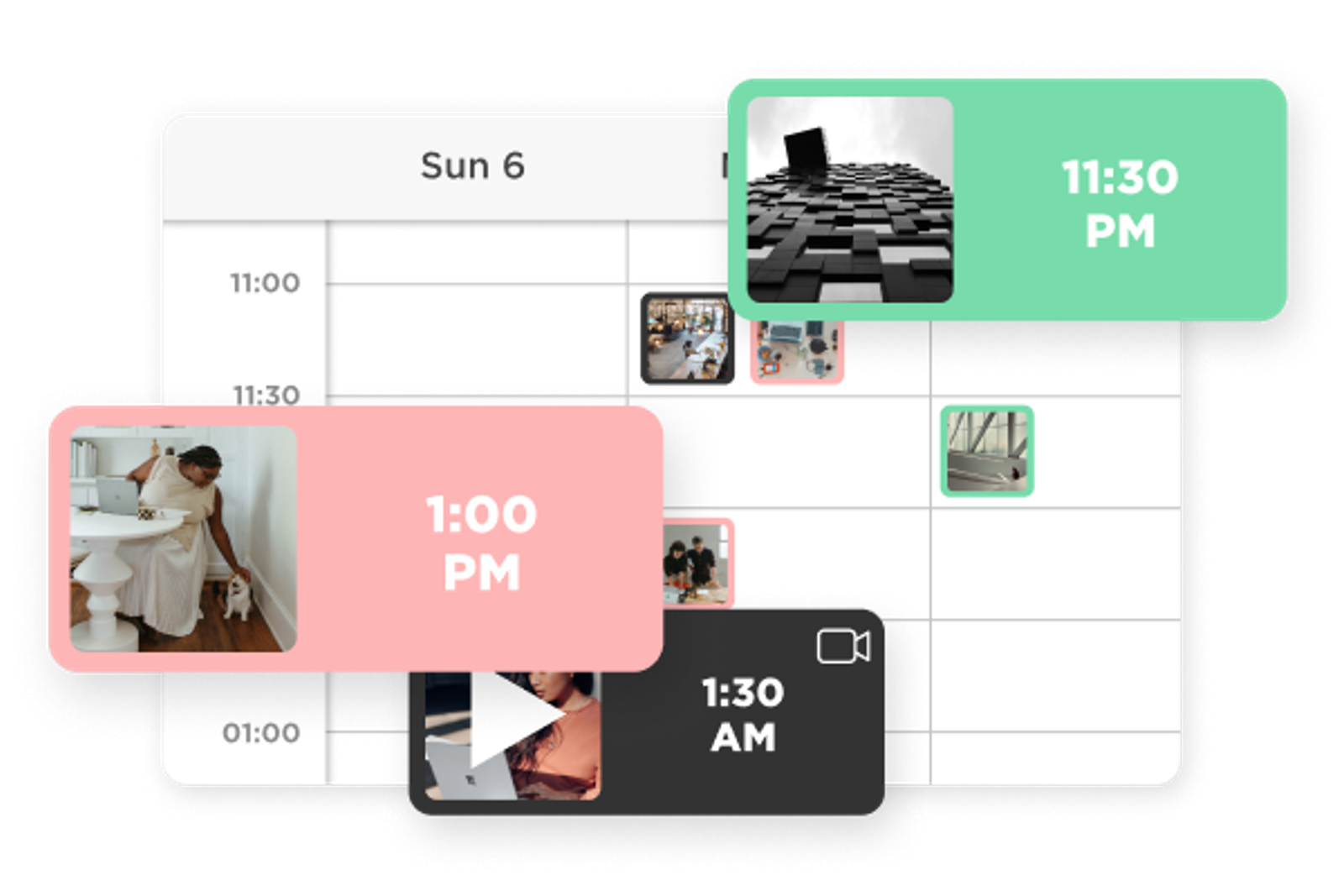 Vista del calendario de Sked Social con publicaciones programadas, miniaturas y horarios en una semana.