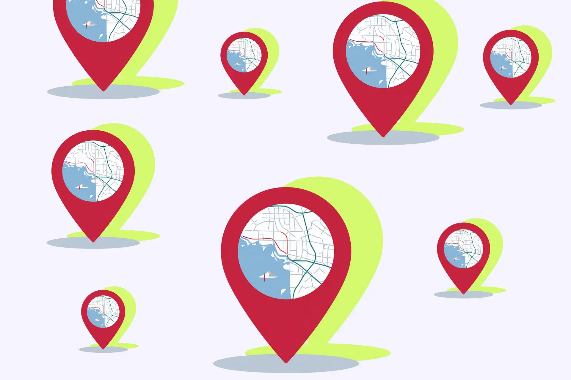 Multiple red map pin icons of varying sizes, each showing a street map, scattered on a pale background.