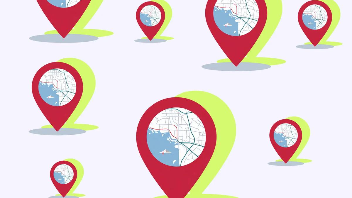 Multiple red map pin icons of varying sizes, each showing a street map, scattered on a pale background.