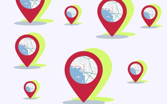 Multiple red map pin icons of varying sizes, each showing a street map, scattered on a pale background.
