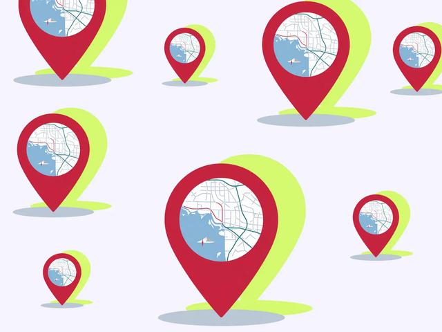 Multiple red map pin icons of varying sizes, each showing a street map, scattered on a pale background.