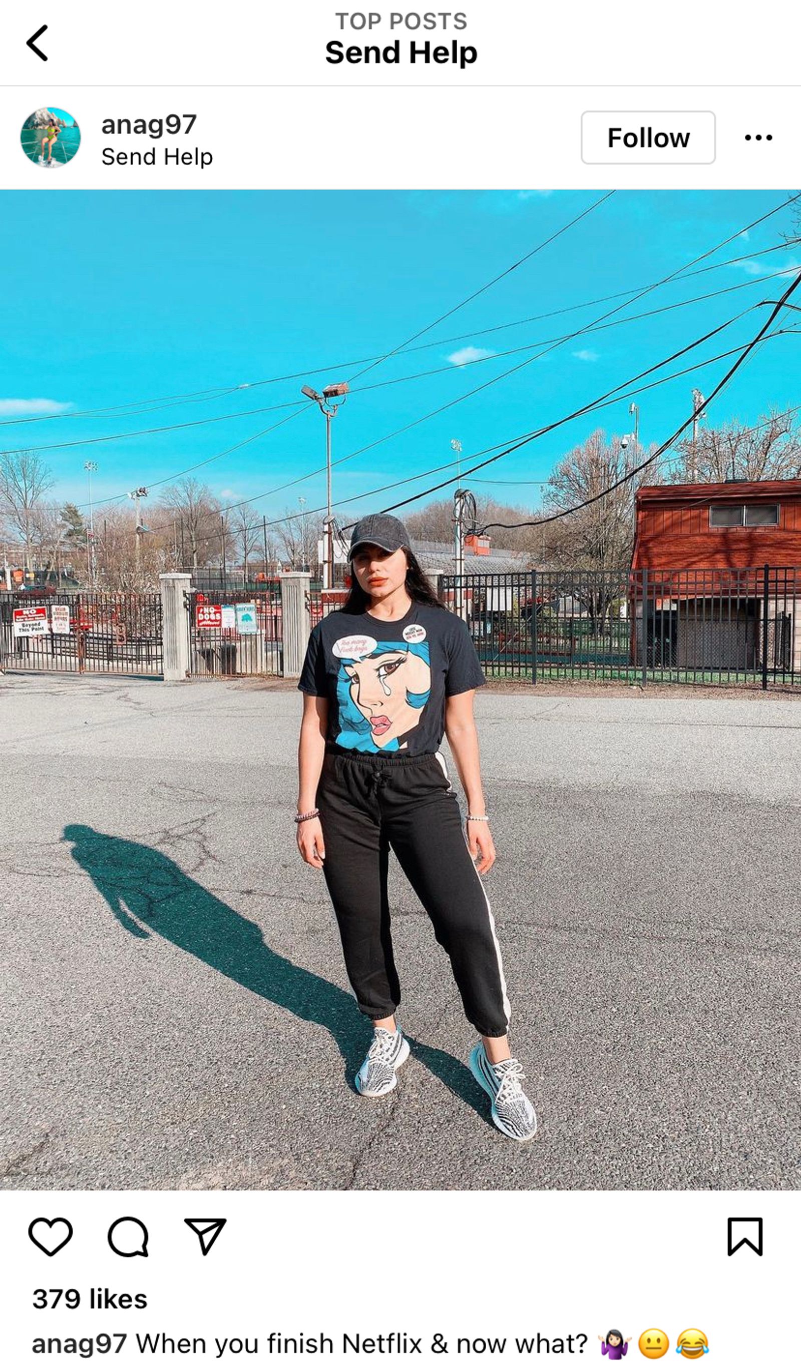 Instagram post with location tag "Send Help," showing a person standing in a parking lot.