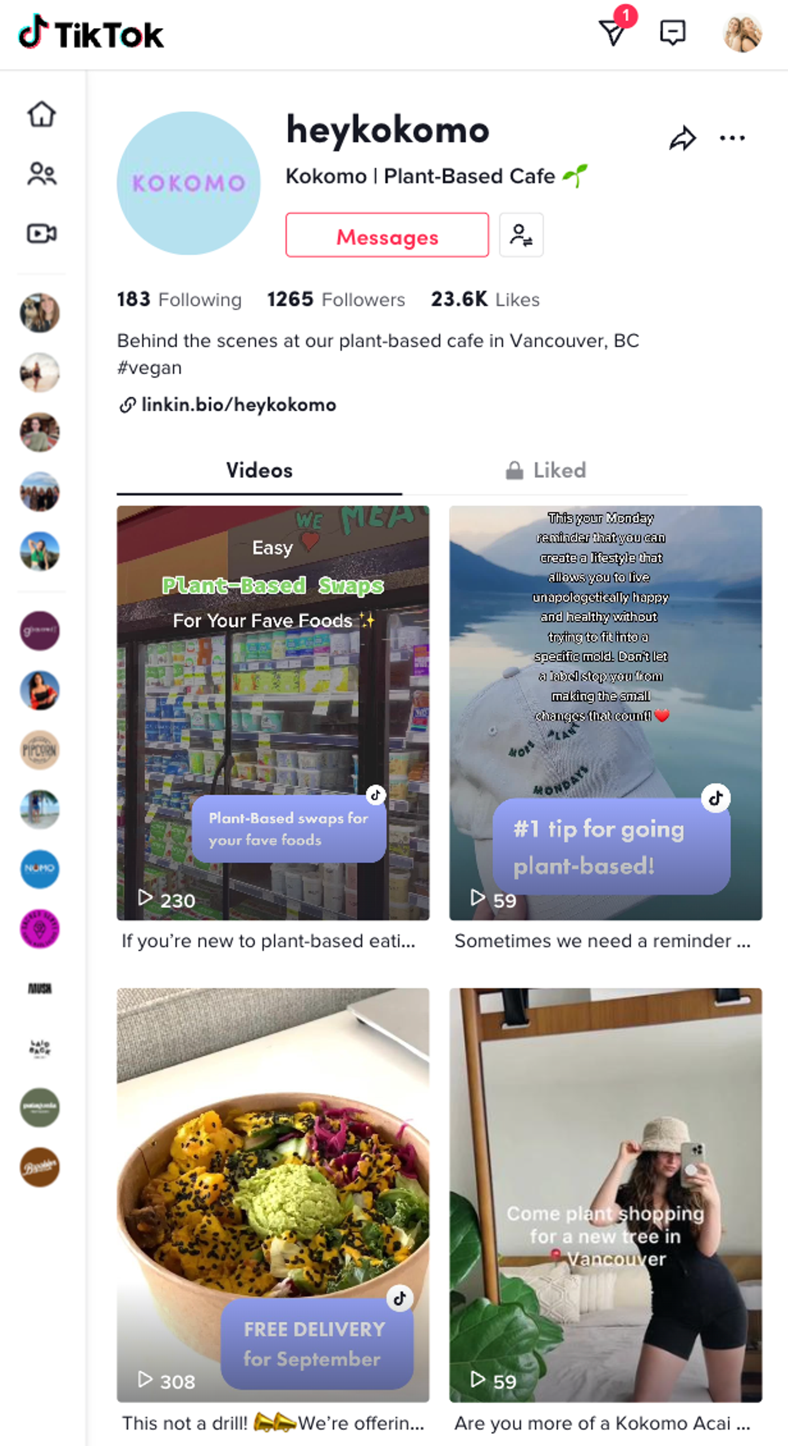Perfil de TikTok de heykokomo, un cafe de comida vegetal, con su biografia y una cuadricula de videos.
