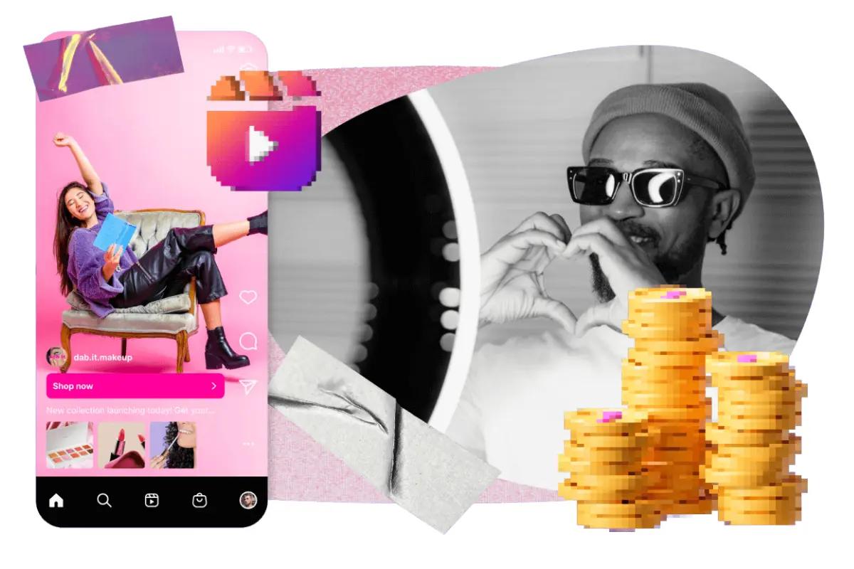 Collage of an Instagram shopping post, a man making a heart gesture, and stacked gold coins