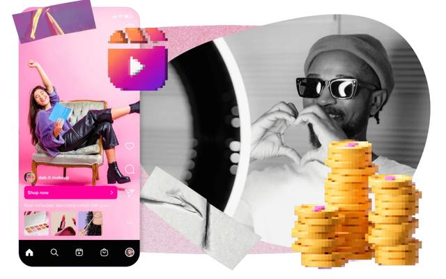 Collage of an Instagram shopping post, a man making a heart gesture, and stacked gold coins