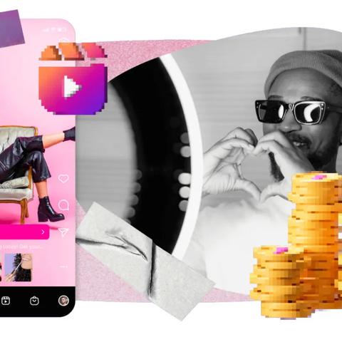 Collage of an Instagram shopping post, a man making a heart gesture, and stacked gold coins