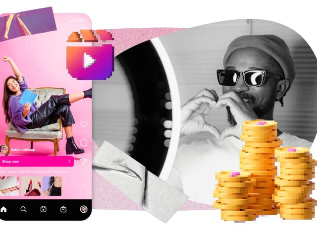 Collage of an Instagram shopping post, a man making a heart gesture, and stacked gold coins