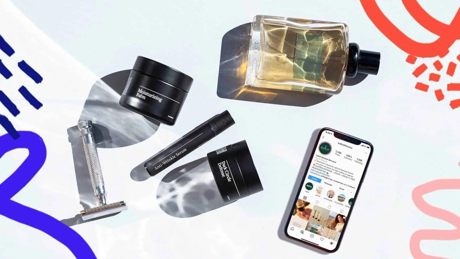 Productos de cuidado de la piel junto a un telefono con el perfil de Instagram de una marca