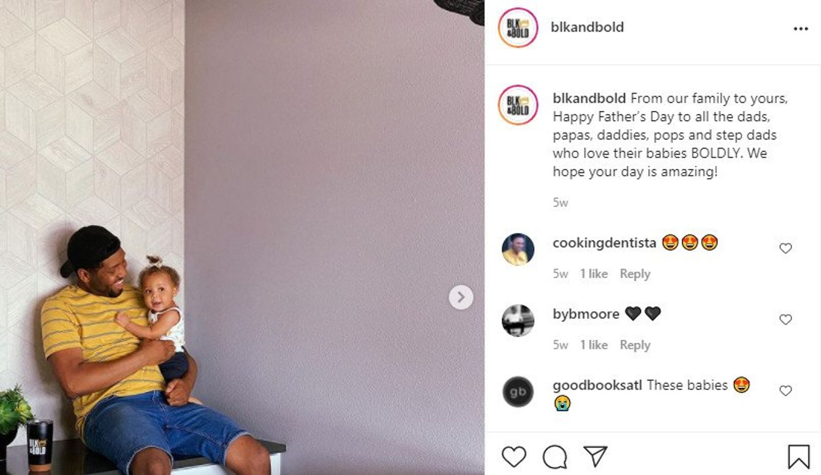 Publicación de Instagram de blkandbold con un hombre cargando a un niño pequeño, texto sobre el Día del Padre y comentarios.