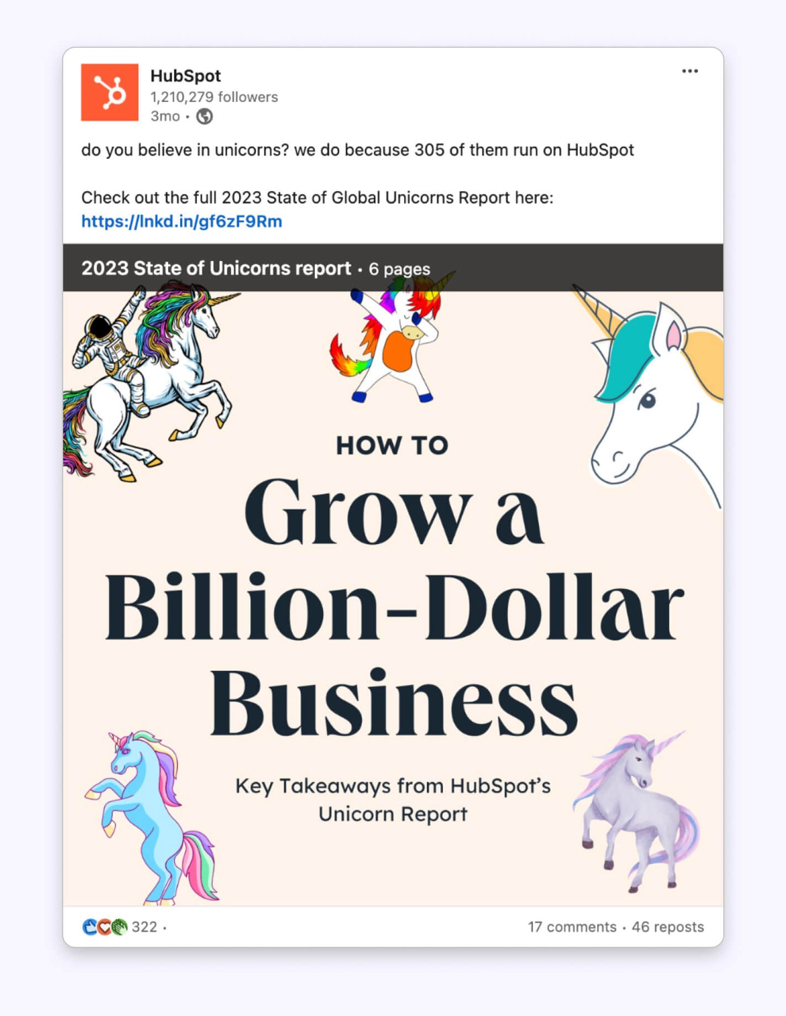 Publicación de LinkedIn de HubSpot con un documento adjunto que muestra unicornios ilustrados y el título de un informe.