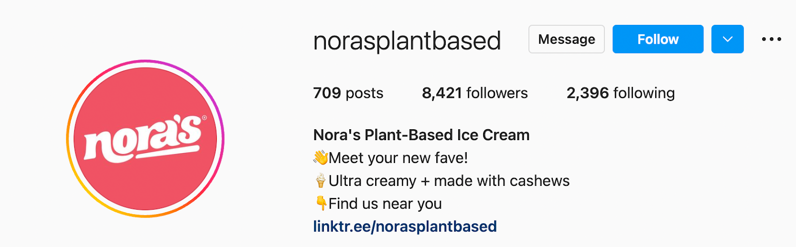 Perfil de Instagram de norasplantbased, con texto de biografía, emojis y un enlace de linktr.ee.