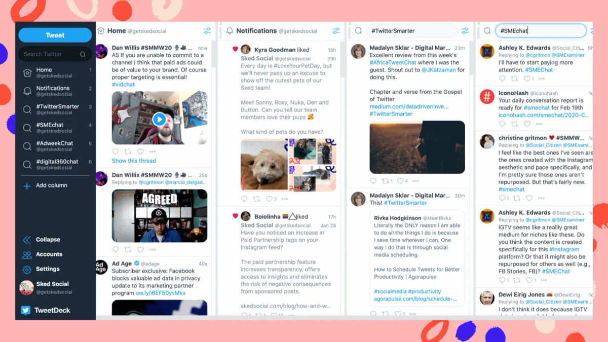 TweetDeck interface, four columns of Twitter feeds, notifications, and search results. Light pink background, colorful dots.