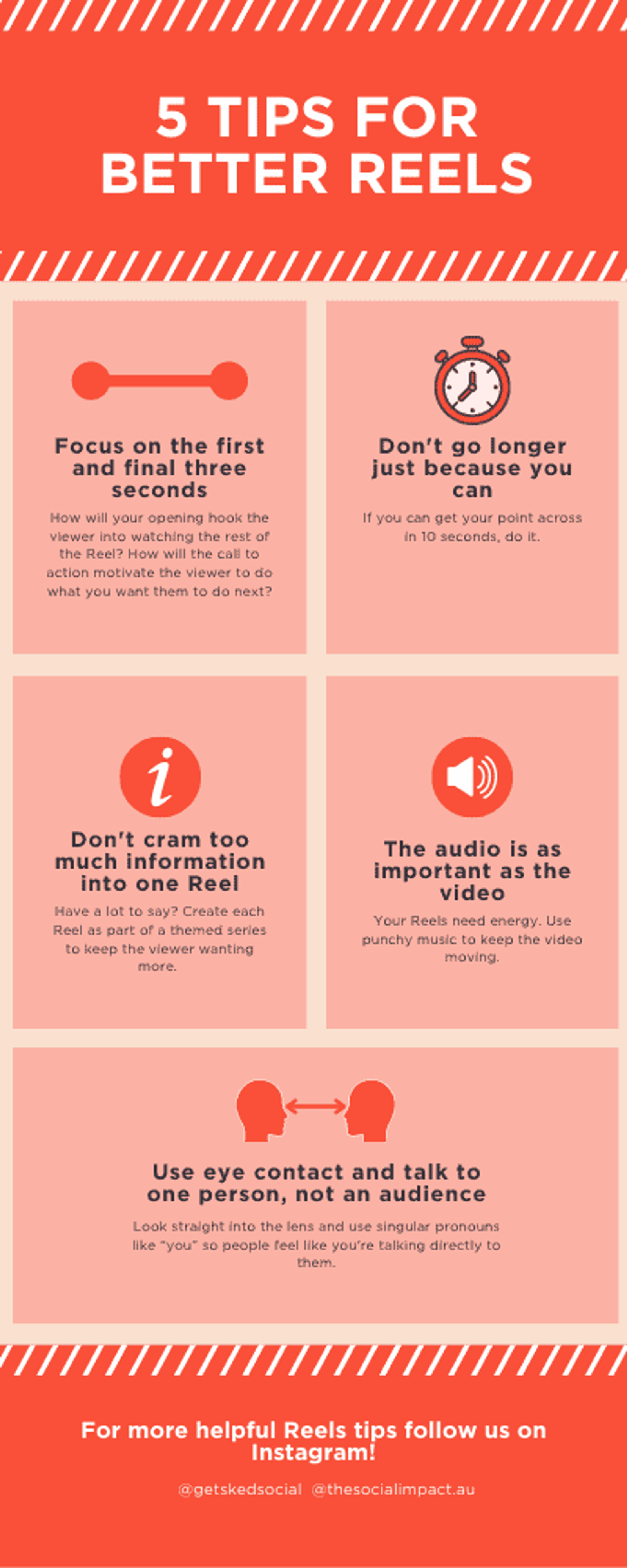 Infographic listing 5 tips for better Reels, with icons for each tip on a red background.