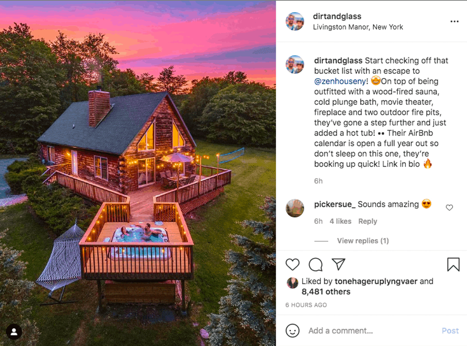 Publicación en Instagram de una pareja en un jacuzzi al aire libre, frente a una casita de campo rodeada de naturaleza