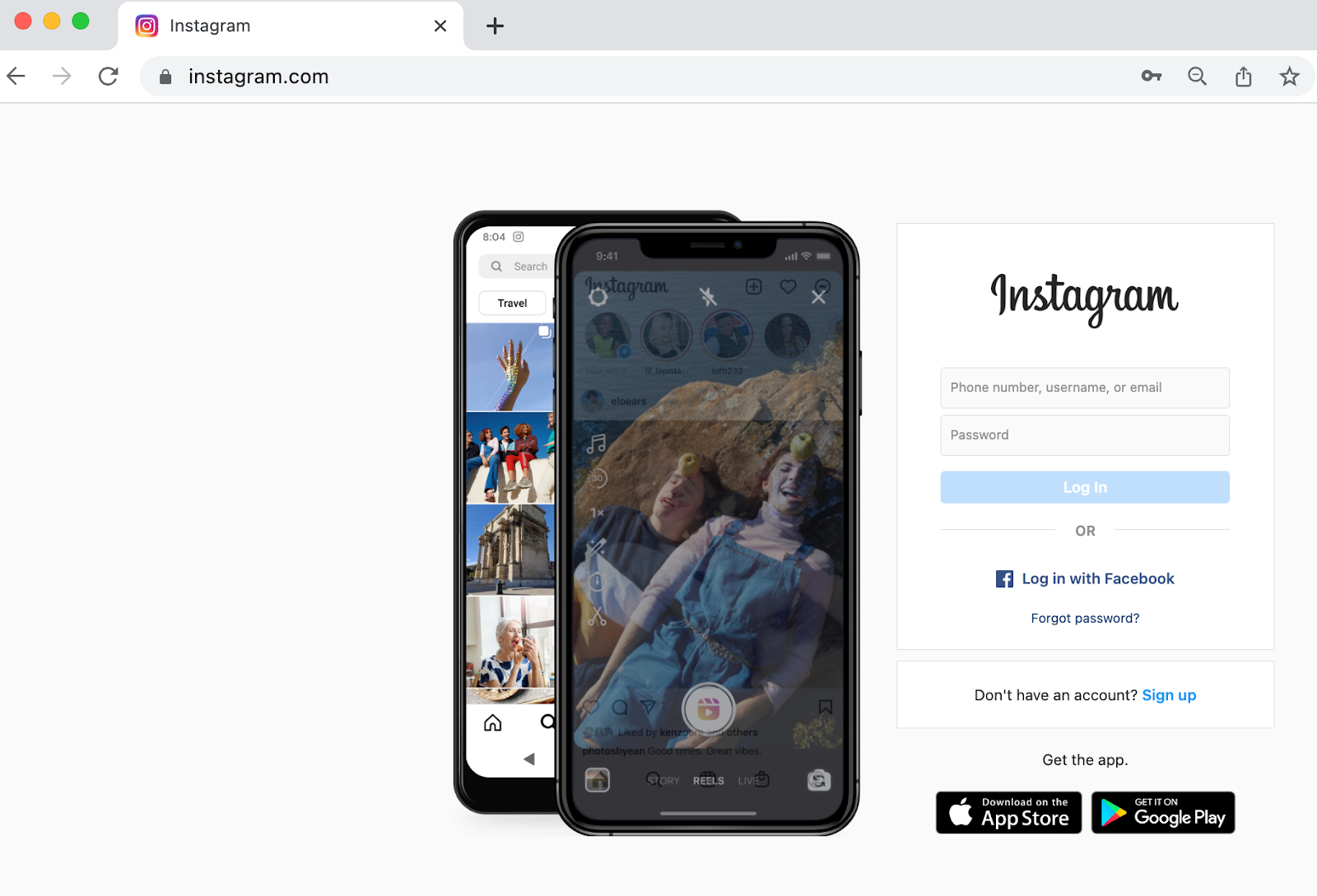 Página de inicio de sesión de Instagram.com en un navegador, con campos de usuario y contraseña.