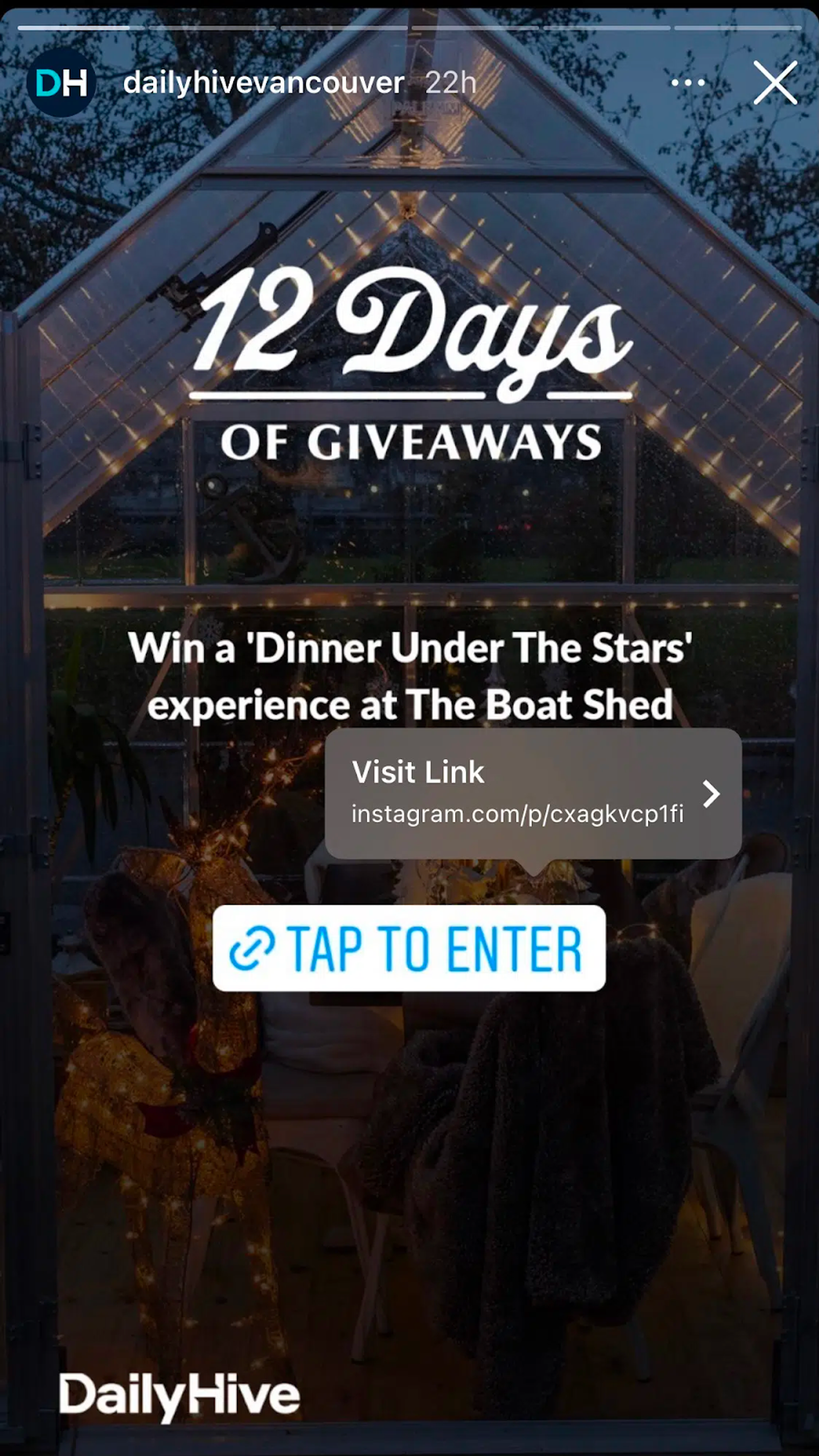 Historia de Instagram de Daily Hive Vancouver promocionando un sorteo de '12 días de regalos' con enlace para participar.