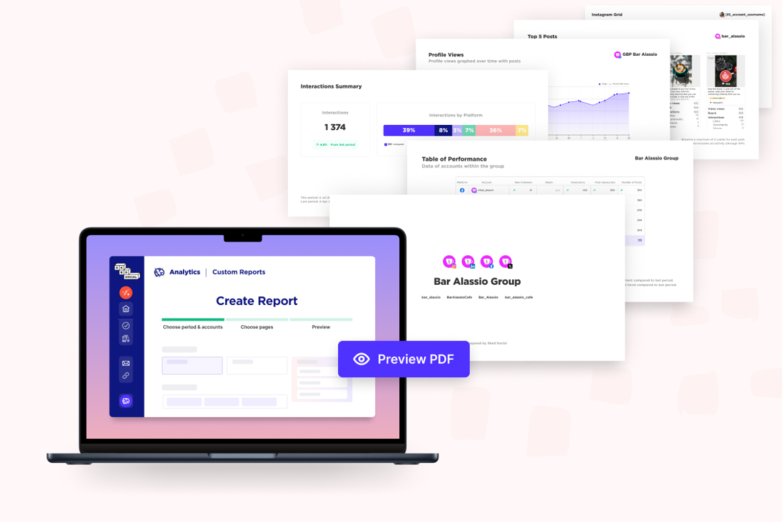 Sked Social custom report builder on a laptop, with sample report pages showing charts and tables.