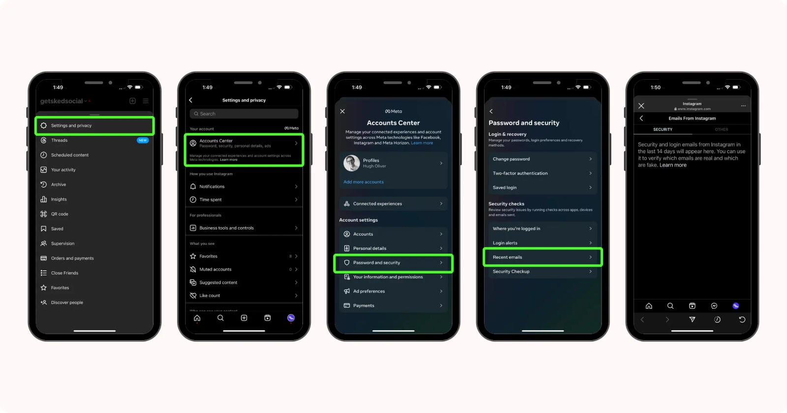 Cinco pantallas de Instagram mostrando ajustes hasta Centro de cuentas, contraseña y seguridad, y correos recientes.