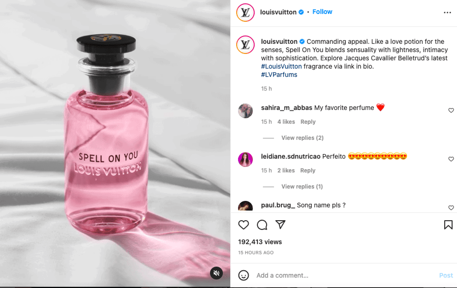 @louis vuitton publicación de Instagram de una botella de perfume que dice 'Spell on you'