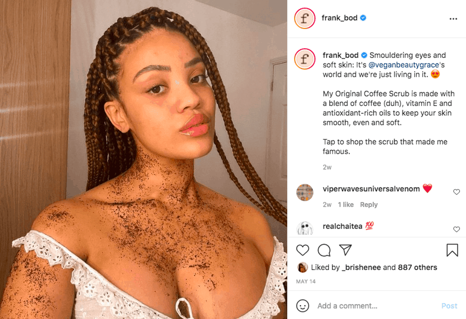Ejemplo de UGC de Frank_bod promoviendo al cliente usando su exfoliante de café en su Instagram