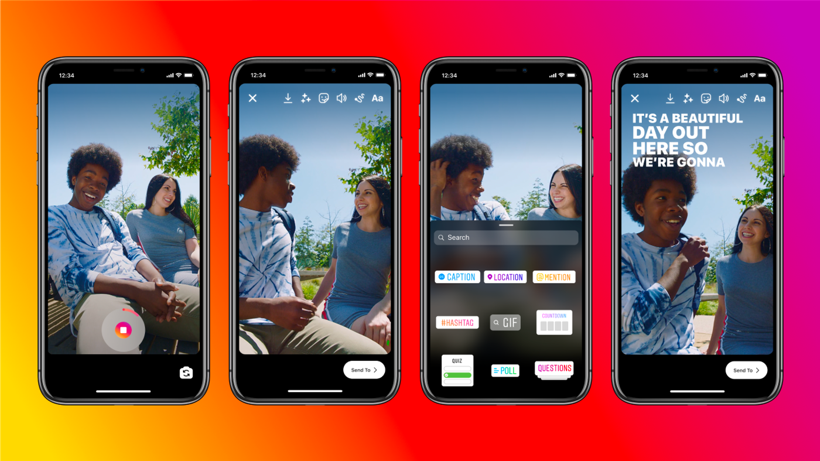 Four Instagram Story editor screens showing recording, editing icons, sticker menu and added text overlay.