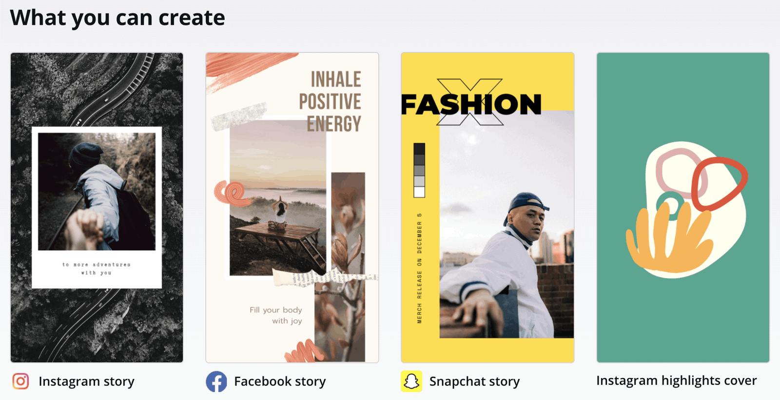 Four sample designs in a template app: Instagram story, Facebook story, Snapchat story and highlights cover.