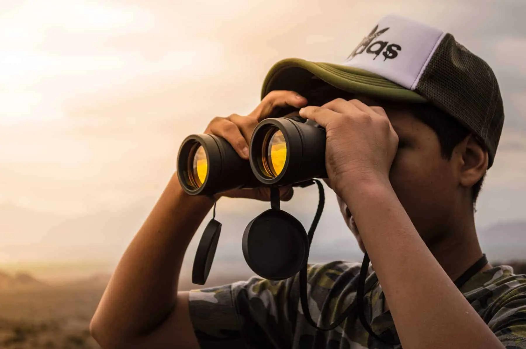 Person wearing a cap looking through binoculars at a hazy landscape
